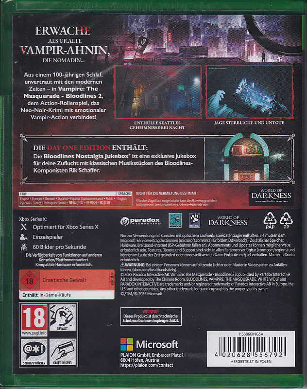 Vampire: The Masquerade Bloodlines 2 Day 1 Edition Rueckseite