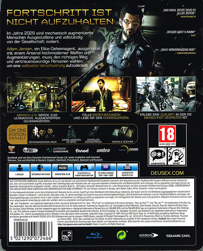 Deus Ex: Mankind Divided D1 Steelbook Edition (AT) Im exklusiven Steelbook + 8 Boni Rueckseite