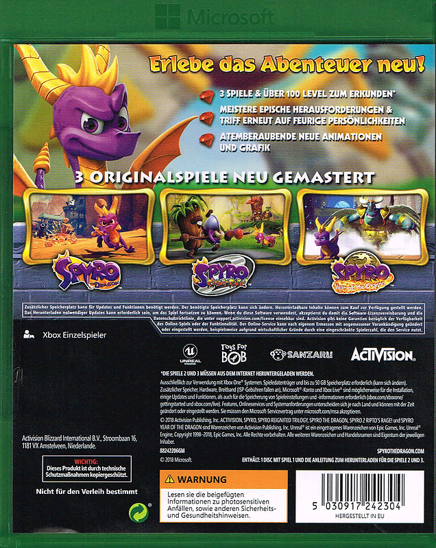 Spyro Reignited Trilogy Teil 1 auf Disc, Teil 2 + 3 als Download Rueckseite